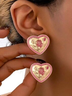 1 Pair Elegant Rose Flower & Heart Decor Earrings